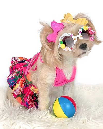 Fitwarm Floral Dog Bikini Set, Hawaiian Beach Swimsuit, Summer Dog Clothes For Small Dogs Girl, 2 Piece Dog Suit For Swimming And Bathing, Pet Luau Outfit, Cat Skirt, Hot Pink, Small #TOP1
