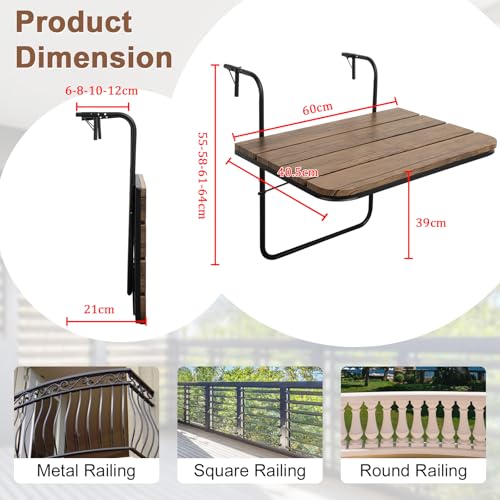FEUFOAM Holz Balkon Geländer Tisch Outdoor Balkon Klappbar Hängende Tisch Verstellbar Balkon Bartisch für Geländer Platzsparend Bar Serviertisch Hellbraun