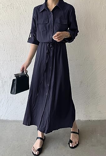 Image of Women Roll-Up Long Sleeve Button Down Shirt Midi Dress
