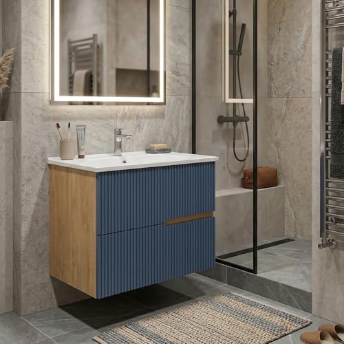 SANIVERRE EVA Meuble Simple Vasque L.60cm à Suspendre Chêne Naturel 2 Tiroirs Bleu Mer Cannelé (sans Colonne) Salle de Bain