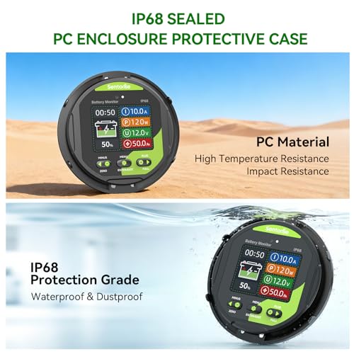 SENTORISE 0-500A Batteriemonitor mit Shunt, 8-120V, IP68 LCD wasserdicht, Summeralarm für RV, Solar, Marine, Offgrid. Anzeige Kap.%, Zeit, Leistung, Spannung