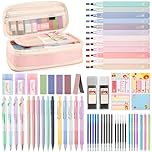 DazSirit 62 PCS Aesthetic Stationery Set with Foldable Pencil Case, 12 Pastel Highlighters, 4 Erasable Pens, 5 Gel Pens, 6 Mechanical Pencils, Sticky Notes – School Supplies for Girls & Teens (Pink)