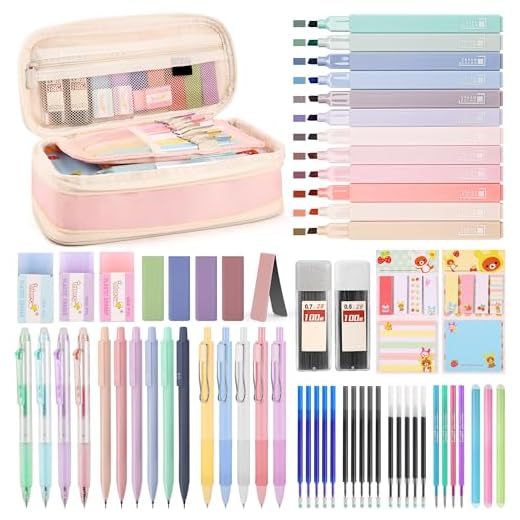 DazSpirit 62Piezas Set Papelería Estética con Estuche Plegable, 12 Resaltadores Pastel, 4 Bolígrafos Borrables, 5 Bolígrafos Gel, 6 Portaminas – Suministros Escolares para Niñas y Adolescentes (Rosa)