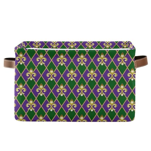 Image of Happy Mardi Gras Green Purple Storage Basket with Waterproof Liner and PU Handles Fleur de Lis Buffalo Plaid Storage Bins Boxes 14.2 inch Collapsible Decorative Organizer Baskets for Bedroom Office 1 Pack