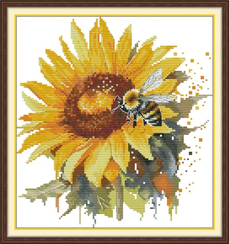 Image of Meecaa Cross Stitch Kits 14 Count Stamped, Sunflower Flower Bee Embroidery Kit with Accessories Pre Printed (28x30cm)(Sunflower)