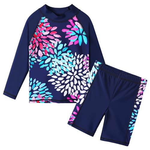 TFJH E 2-Piece Girls Long Sleeve Swimsuits UV 50+ Rash Guard Sets Kids Beachwear Daisy Navy 164/170