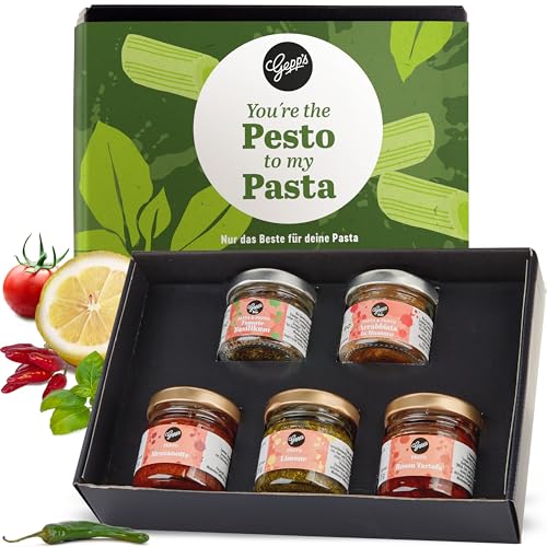 Gepp's Feinkost Pesto Geschenkset I 5-teiliger Geschenkkorb mit italienischen Spezialitäten I 3x Feinkost Pesto & 2x Pasta-Gewürz Bio I Delikatessen Präsentkorb mit Trüffel-Pesto – Weihnachts-Geschenk