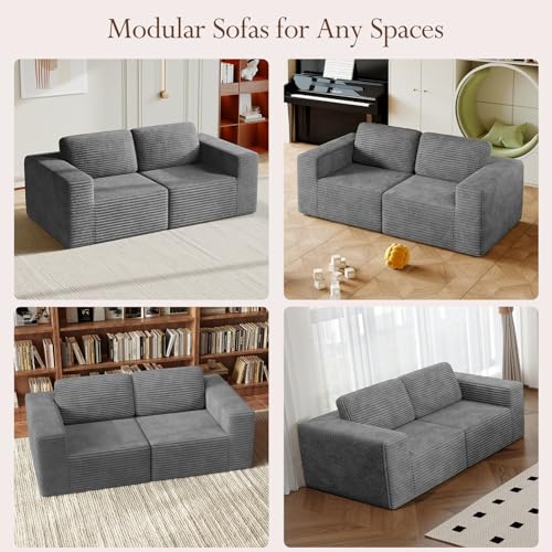 Image of Vesgantti 80 inch Modular Sectional Sofa, Corduroy Cloud Couch with Deep Seating & Spring Support, 2 Seater Compact Modular Couch, Boneless Sectional Sofa for Small Spaces, No Assembly Required, Grey