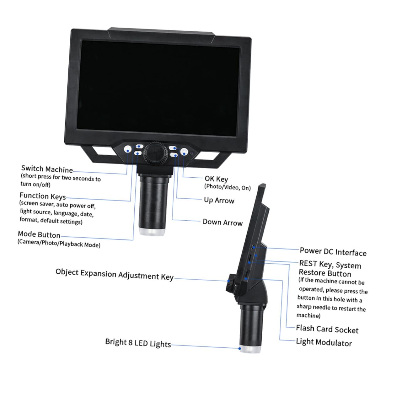 Digitales USB Mikroskop 12mp mit 9-Zoll LCD, Schwarz | 1–1600-fache Vergrößerung, 8-fach Optik, Videoaufnahme, für Münzen, Briefmarken und Elektronik