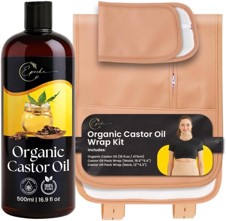 Cold Pressed Organic Castor Oil Pack Wrap Set 16oz – Reusable Cotton Neck & Stomach Wraps with Adjustable Straps for Relaxation, Comfort, Liver Detox, Digestive Wellness, Hair, Skin, Nails, Brows