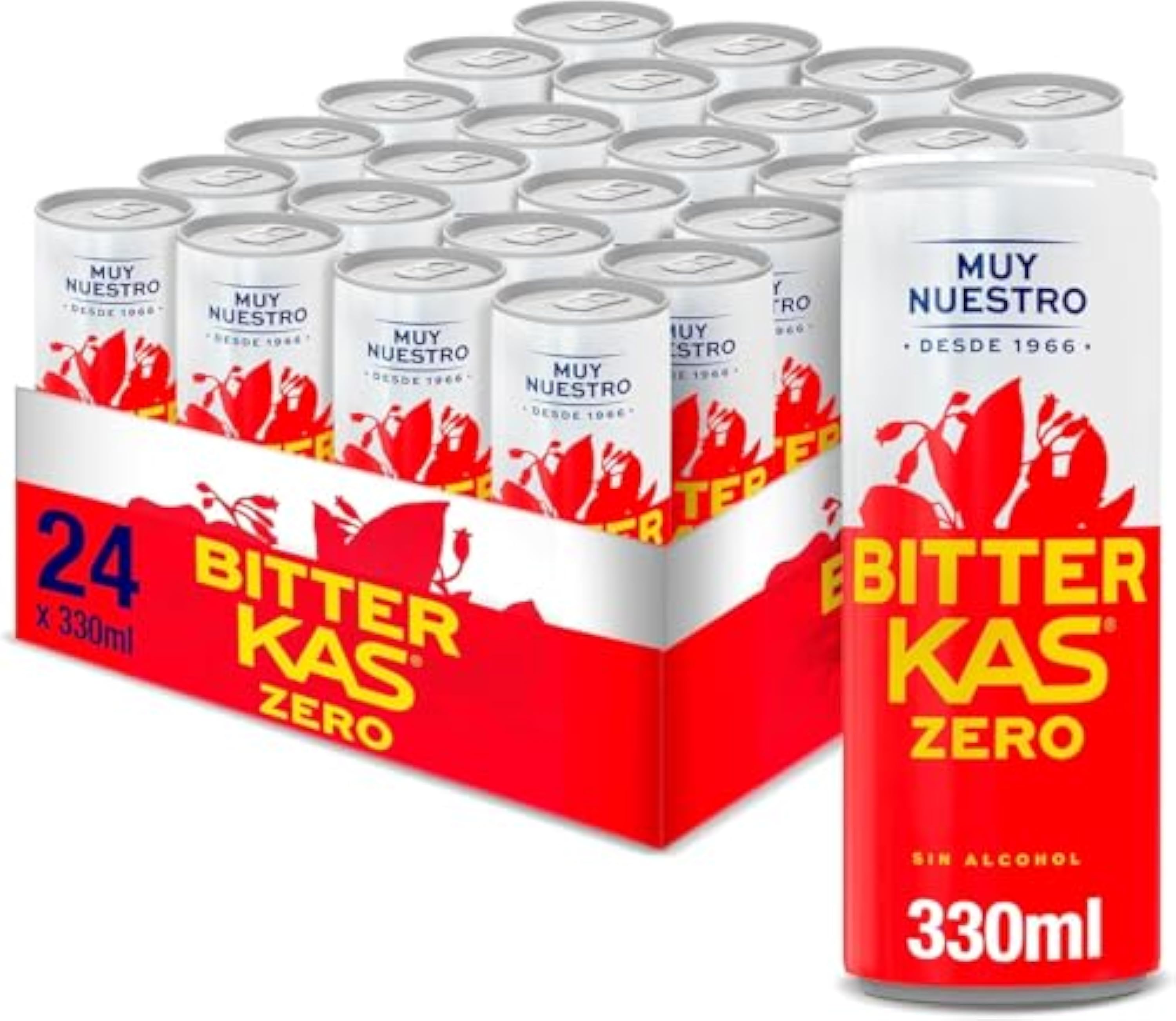 Bitter kas cero Refresco con sabor amargo sin alcohol,sin azúcares y sin calorías, pack de 24 latas de 330 ml, 7.92 litros en total