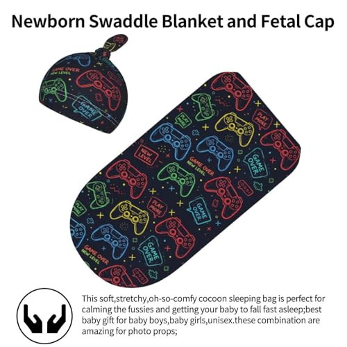 Image of Game Controller Gaming Newborn Baby Swaddle Blanket Baby Stuff,with Beanie hat Sets, Soft Gifts for Unisex Boys Girls Shower Infant