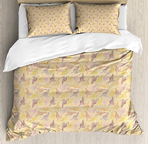 Ambesonne Kangaroo Duvet Cover Set, Queen, Pale Yellow Mauve