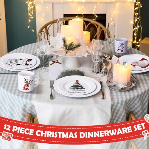 12 Piece Christmas Melamine Dinnerware Set for 4 Guest, 10" Dinner Plates, 8" Salad Plates, 9 oz Mug Shatterproof Xmas Dishes Gift for Home Party Festive Holiday Celebrations – Image 6