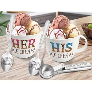 Anniversary Couple Gift Ice Cream Bowls and Spoon Scoop Set, His and Hers Gifts, Mothers Day Couples His Her Ice Cream Accessories Bowl Present, Unique Wedding Gift 2025 for Friends