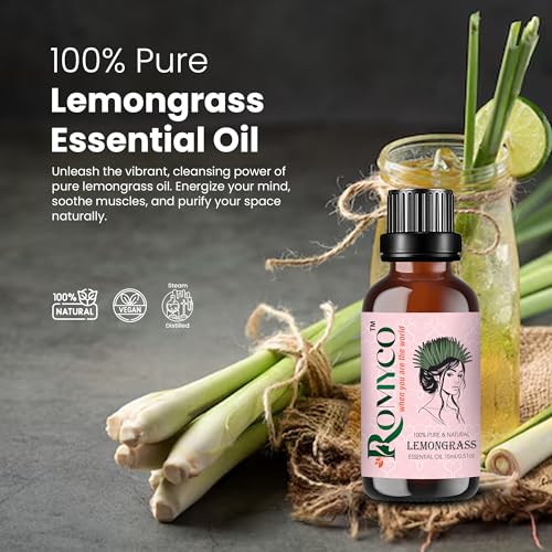 Image of Romyco Lemongrass Essential Oil 15ml for Nourishing Hair | Skin Face Moisturiser | Insect Repellent | Use in Diffuser | Pure Natural Premium & Undiluted