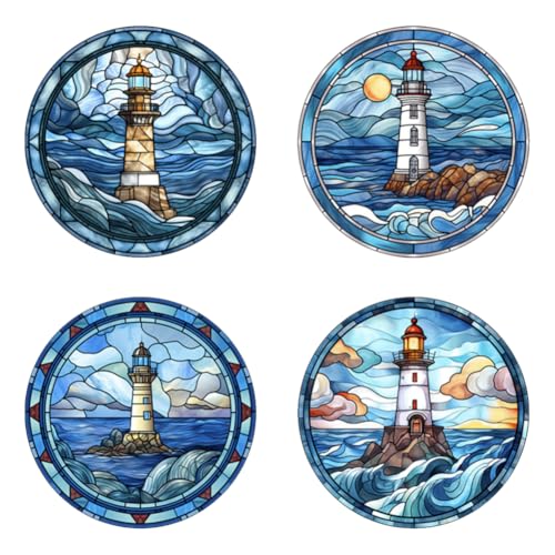 4 Pcs Colorful Lighthouse Window Clings, Anti-Collision Window Clings Decals Removable Non Adhesive Vinyl Cling Window Stickers