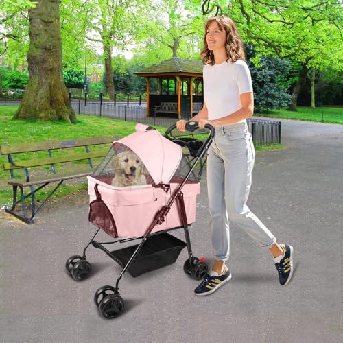 Passeggino pieghevole cane gatto cestino portaoggetti portabicchieri tessuto 300D Oxford impermeabile 4 ruote, con cestino portaoggetti e portabicchieri, 50 x 65 x 99 cm, rosa