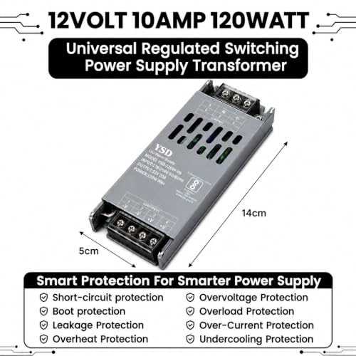 Image of YSD Strip Light Driver 12V 10AMP 120W AC to DC Switching Adaptor Convertor Driver /Power Supply for LED Strip Light Lamp /CCTV Camera /Security System /Radio /Computer Project (12V 10AMPS)