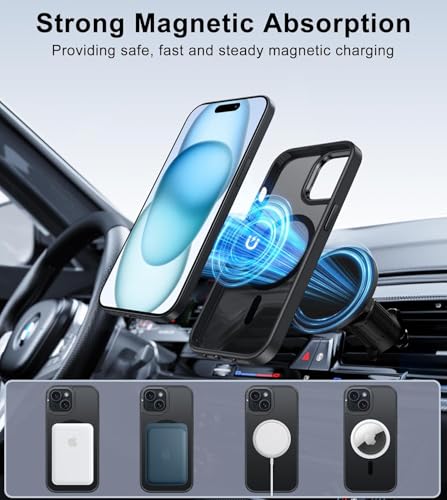 Image of MagPro case with Stand for Apple iPhone 15 | Magnetic Compatible Protective Cover with Strong Magnetic, Shockproof Armor, Scratch Resistant Polycarbonate Hard Back | Translucent Matte Black