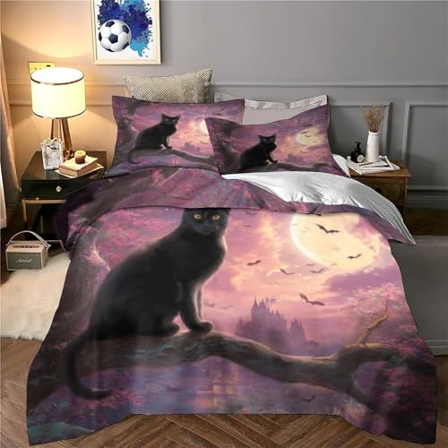 Housse de couette chat noir 3D 200x200 parure de lit microfibre avec fermeture - 6