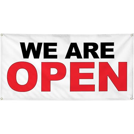 Amazon Com Vinyl Banner Multiple Sizes We Are Open Black Red Business Outdoor Weatherproof Industrial Yard Signs 6 Grommets 36x72inches Office Products