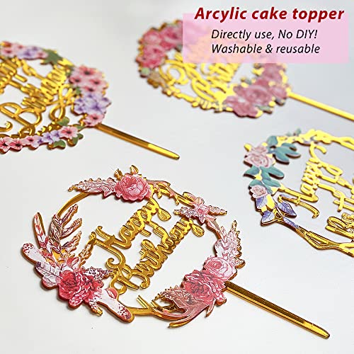 Apluselection Shiny Thickened Happy Birthday Cake Toppers, 4-Pack Gold Acrylic Topper, Double-Sided Glitter Painting Flower Decorations Flora Garland For Mom Girl Or Kid’s Party Supplies #TOP2