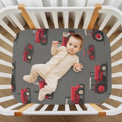 Image of Red Farm Tractors Pattern Crib Sheets Soft Breathable Fitted Baby Crib Sheets Mattress Cover for Girls Boys, 52 inch x 28 inch x 9 inch