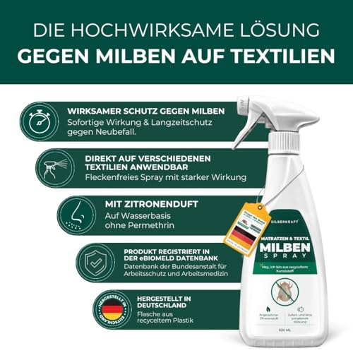 Silberkraft Milbenspray Matratzen und Polster 500ml, naturinspirierter Milbenschutz mit Geraniol, hilfreiches Anti-Milben-Mittel, gegen Hausstaubmilben, Milbenbezug Alternative