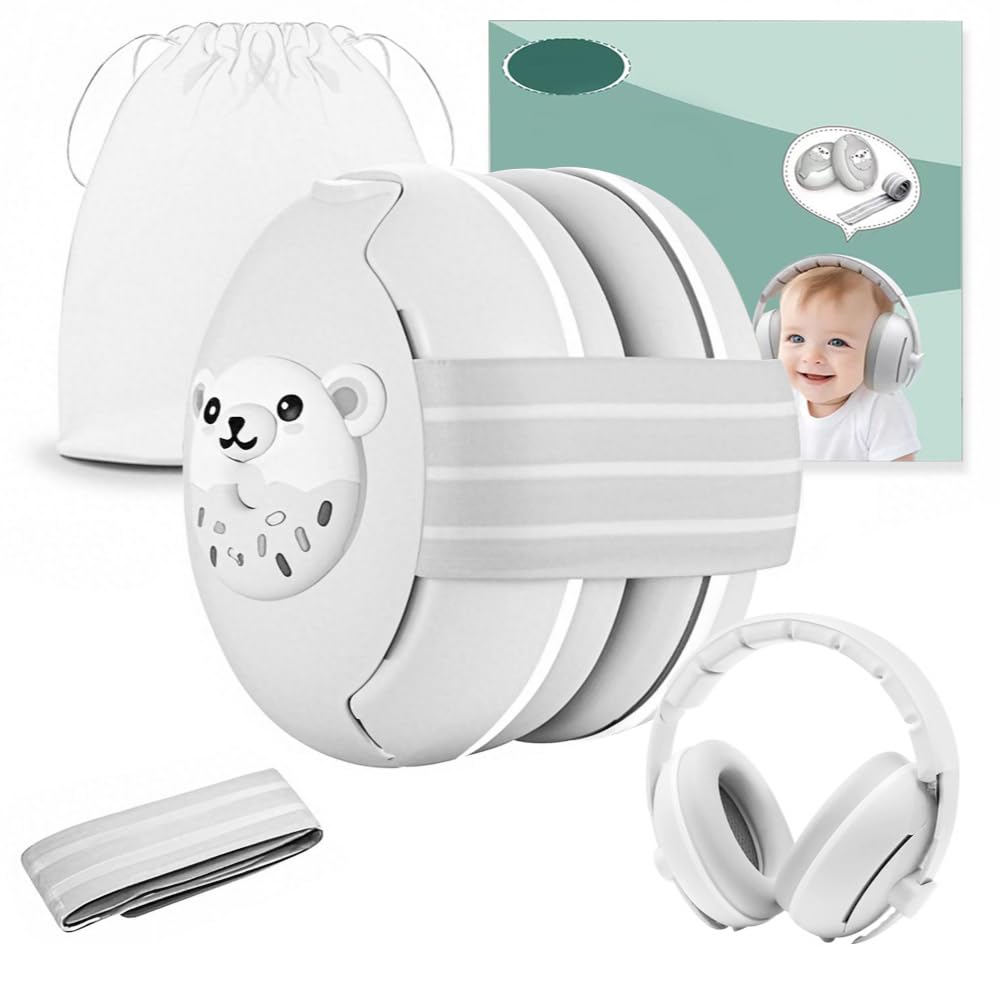 Robofun 2-in-1 Gehörschutz Baby Kopfhörer, Neugeboren Ohrenschützer mit Geräuschunterdrückung & Verstellbares Kopfband, Baby Kopfhörer Lärmschutz für Babys bis 48 Monate -Weiß