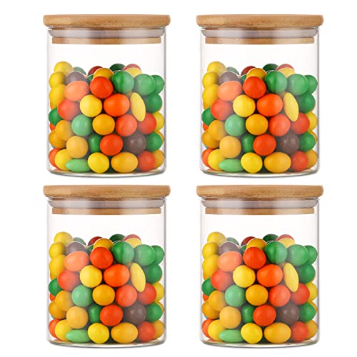 ZDZDZ Stapelbares Küchenbehälter-Set, 425 ml, 4 Stück, transparentes Glas, Frischhaltedosen mit luftdichtem Bambusdeckel für Süßigkeiten, Kekse, Reis, Zucker, Mehl, Nüsse Cover