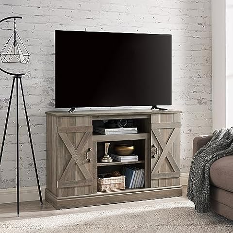 SUNLIFER TV Cabinet for 50 Inch TV: Tall Farmhouse TV Stand with Wood Barn Doors | Spacious Media Entertainment Center with Storage Console and Adjustable Shelves for Living Room | Gray Wash Cover