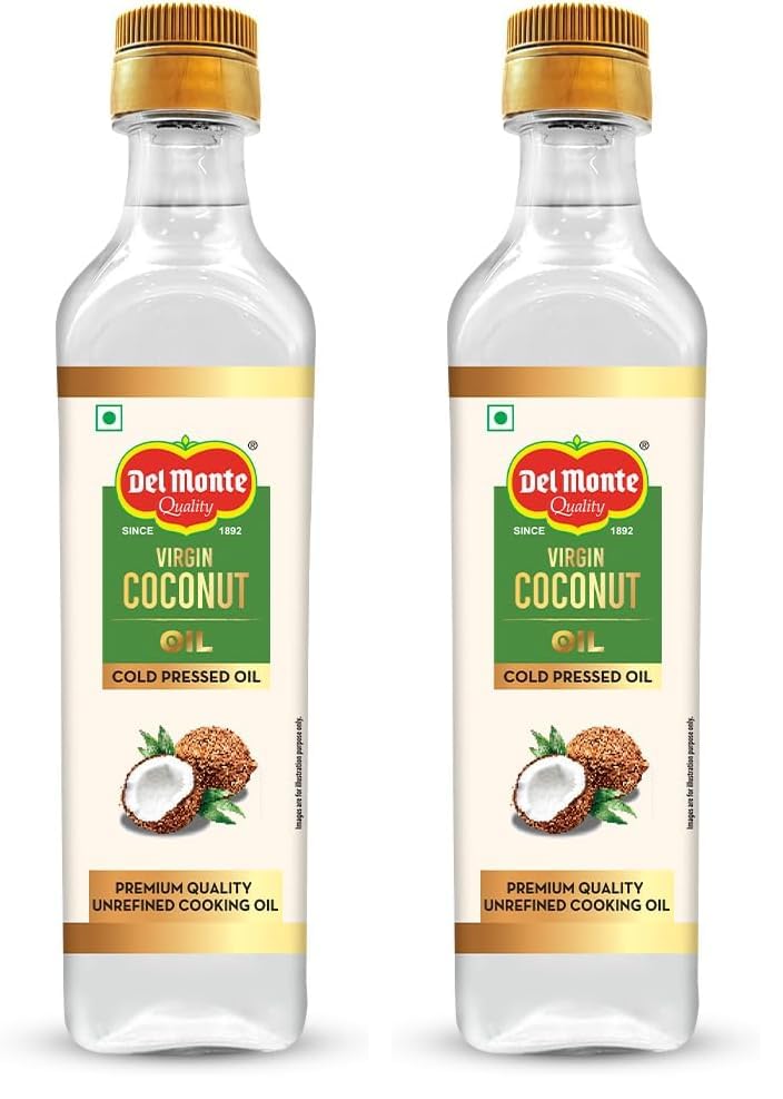 Image of Del Monte Multipurpose Cold Pressed Virgin Coconut Oil 500ml | 100% Pure, Unrefined, Kolhu /Kacchi Ghani /Mara Chekku /Ganuga | Rich Aroma & Flavour of real coconuts | Ideal for Daily Cooking, Massage, Hair, Skin & Baby Care | Cholesterol & Chemical Free | 60% MCT | Low Trans Fat Oil | Keto Friendly
