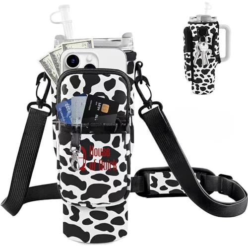 Image of House of Quirk Water Bottle Carrier Bag with Phone Pocket for Stanley 40 /30 oz Tumbler Neoprene Water Bottle Holder Pouch with Adjustable Strap (Black Leaopard)