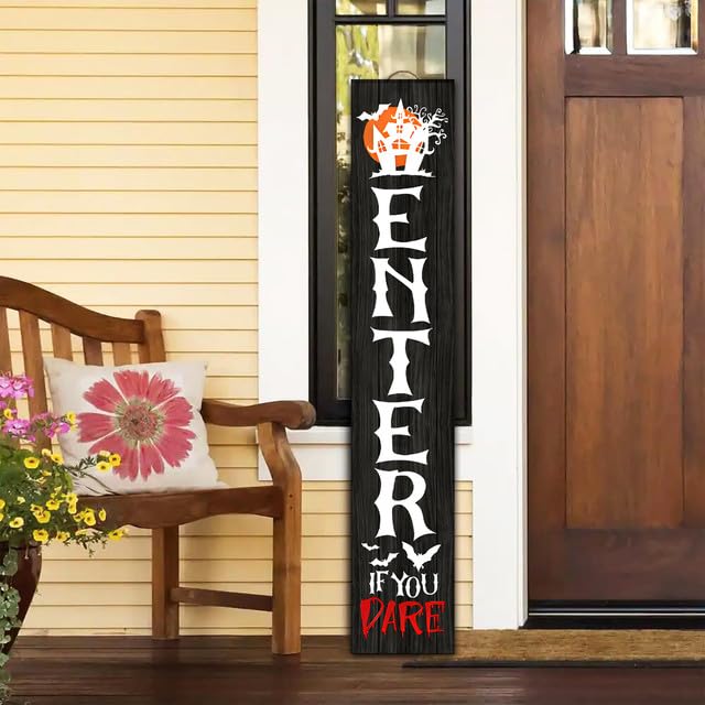 (160 x 20) Insegna verticale con scritta "Enter If You Dare Halloween" per portico anteriore in piedi da appendere grande cartello di benvenuto in legno alto decorazioni per feste di