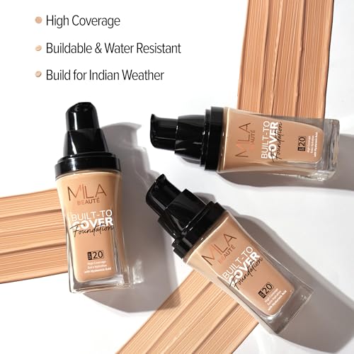 Image of Mila Beaute Built to Cover Liquid Foundation I Medium to Buildable Coverage I Matte Finish I Lightweight I SPF 20 I Super Hydrating with Hyaluronic Acid (D-1-Caramel, 30ml)