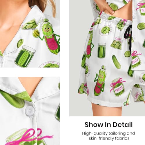 Image of Funny Pajamas for Women Set Print Satin Loungewear Pjs Short Sleeve Button Down Top and Shorts Sets Sleepwear XS-3XL