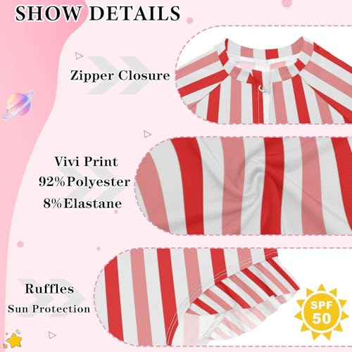 CaTaKu Girls Swimsuit One Piece Rash Guard Pink Red Stripes Kids Bathing Suit Long Sleeve UPF 50+ Swimwear 3-12T4