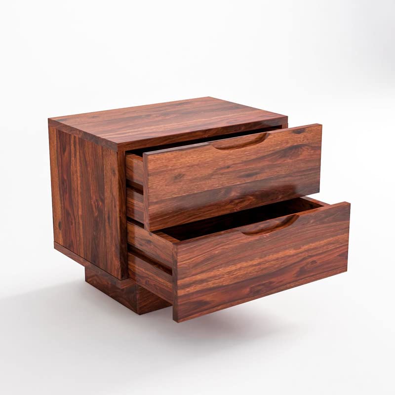 Image of Solid Wood Sheesham Sofa Side Table with 2 Drawer - Honey Finish