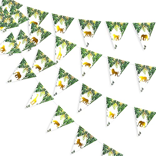 36 Feet Jungle Safari Animal Pennant Banner Paper Triangle Bunting Garland Zoo Themed Baby Shower Boys Girls Wild One First Birthday Party Supplies Decorations(Gold And Green) #TOP5