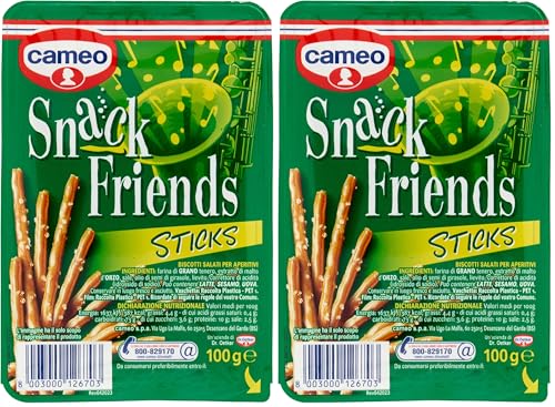 Cameo Snack Friends Sticks 100 g, Biscotti Salati per Aperitivi, Fragranti Stuzzichini con Granelli di Sale in Superficie da Gustare in un Pratico Astuccio per 100 g Complessivi (Confezione da 2)