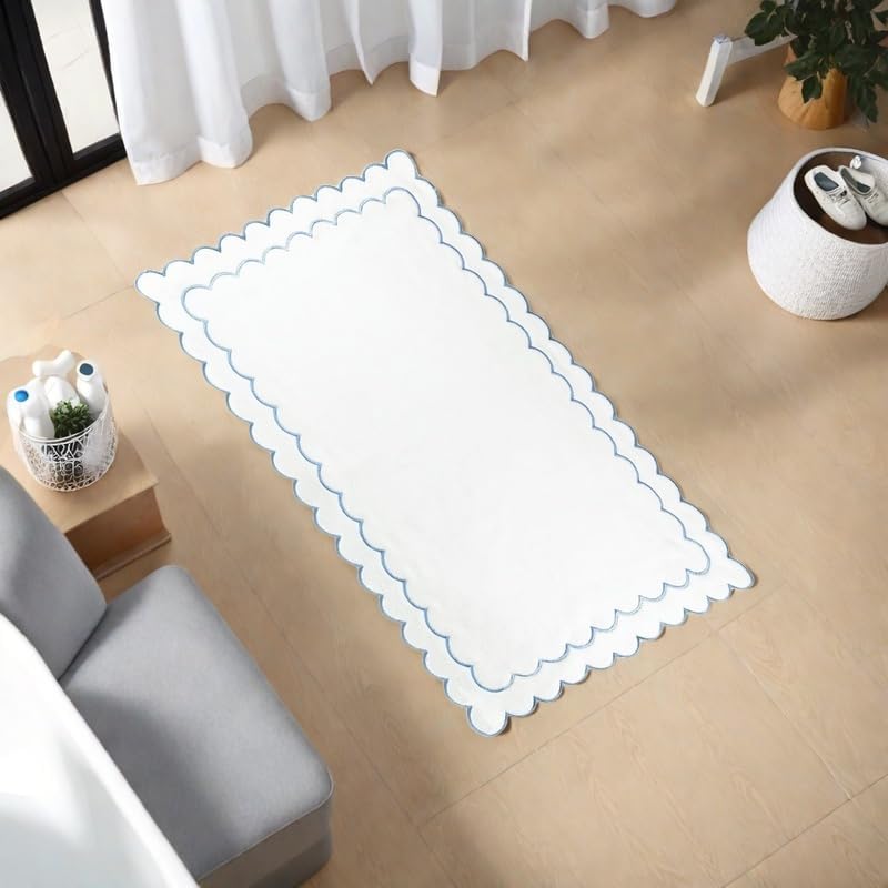  Scalloped Bath Mat Towel 100% Cotton Cute Bath Mats White Bath Rugs Embroidery Preppy Bathmats Bathroom Shower Floor Mats Blue Bathroom Decor (Blue, 27.6 x 18.9in, Classic) - Image 4