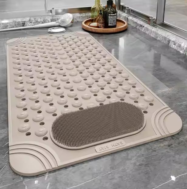 Image of Homecloud Anti Skid Mat for Bathroom Floor Shower mats for Bathroom Anti Slip with Foot Scrubber Bath mat Anti Slip with Suction Cups & Drain Holes (69x35 Cm) (Beige)