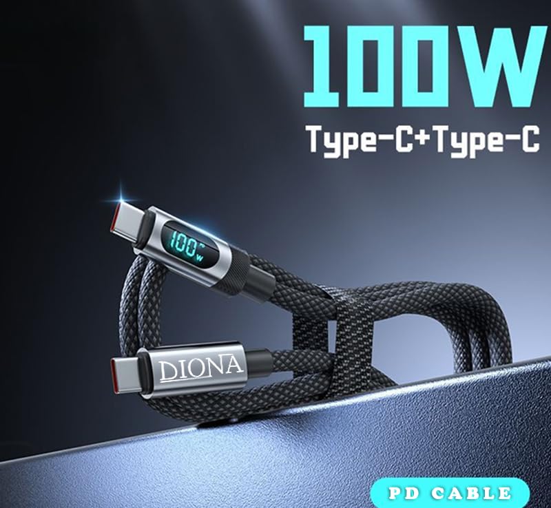 Image of DIONA 100W Type C to Type C Cable with LED Display with 5A Max Output, Fast Data Sync, 1.2M Length, Tangle Resistance Compatible With Mobile,Laptop,Tablets&Macbook,Rapid Data Transmission(Black)