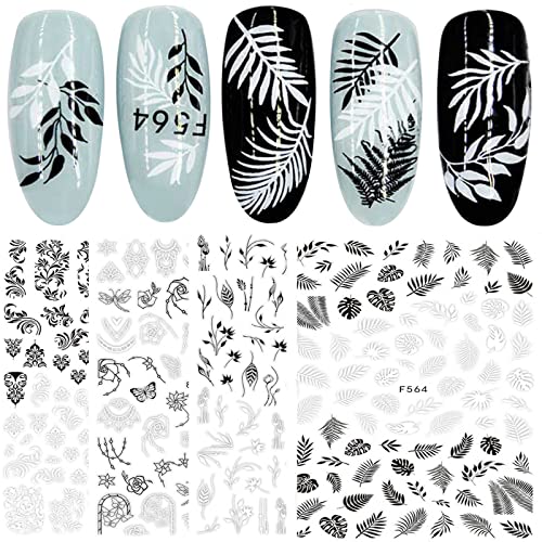 JMEOWIO 12 Blatt Nagelsticker Schwarz Weiß Blumen Nagelaufkleber Selbstklebende Rose Blumen Design Nageldekoration für Frauen Mädchen Cover