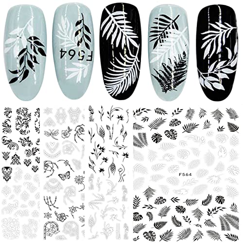 JMEOWIO Zilver zwart Nagelstickers 12 Vellen Nail Art Nagel Sticker Zelfklevende Decoratie Nageldesign