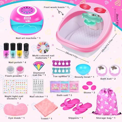 JONRRYIN Kids Foot Spa & Nail Kit Set, Kids Spa Day Kit for Girls, Perfect Pedicure and Party Supplies, Massage Foot Soak Tub, Nail Dryer, Nail Polish, Bath Bombs, Christmas Birthday Gifts
