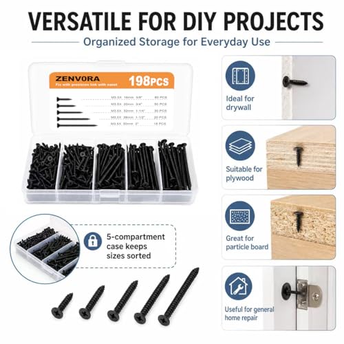 Kit de 198 tornillos negros fosfatados, surtido de múltiples tamaños para bricolaje, muebles, gabinetes, estantes, carpintería, mejora del hogar y proyectos de reparación miniatura 6