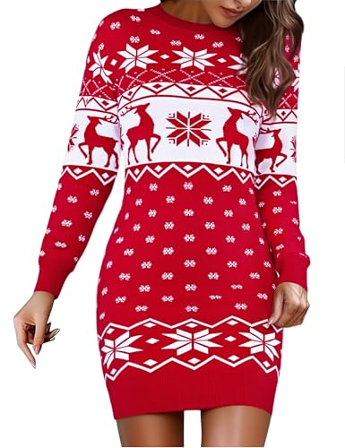 Bresdk Weihnachtspullover Strickkleid Damen Weihnachtskleid Langarm Kleid Winter Elegant Strickpullover Pulloverkleid Knielang Winterkleid Rot S