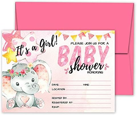 Deluxe Pink Elephant Baby Shower Invitations, Jungle, Tropical Safari Animals, Its A Girl Party Invites, 20 Large Double Sided 5 x 7" Flat Fill in Cards with Pink Envelopes